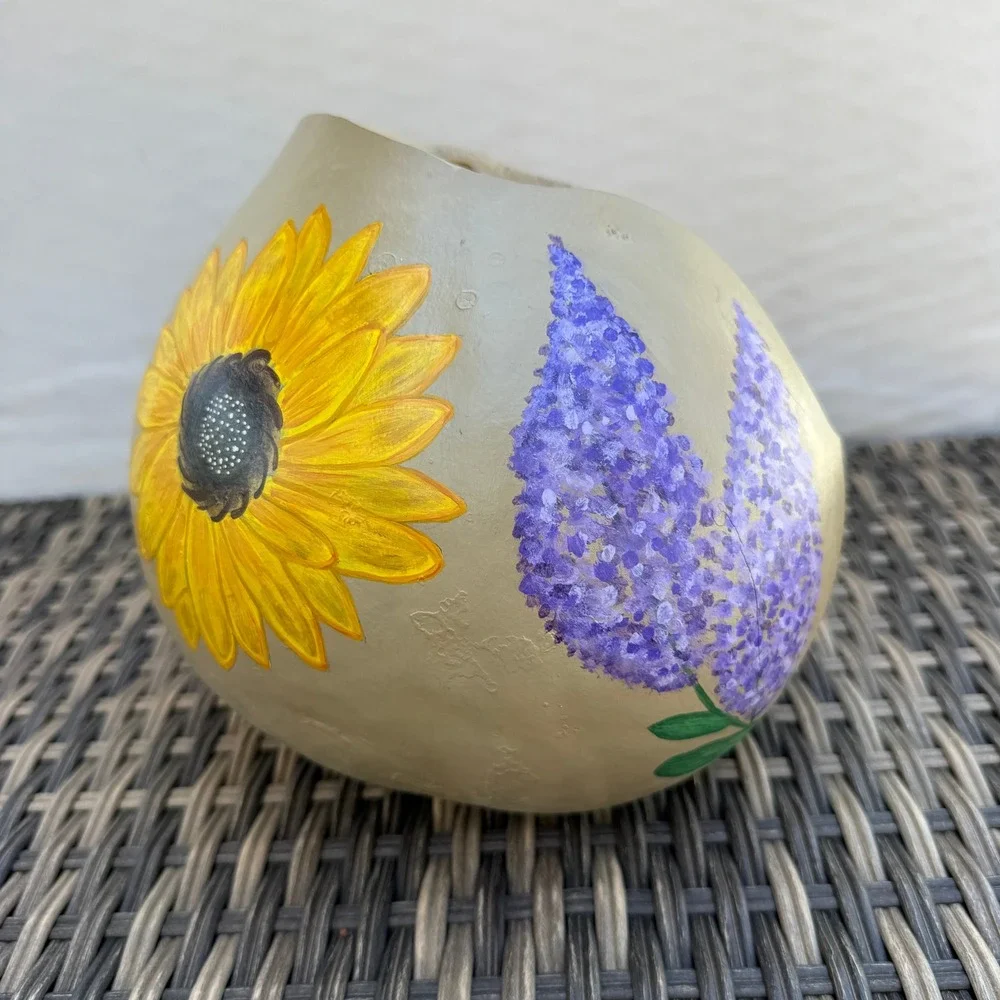 Hand Painted Gourd Bowl Floral Folk Art Rustic Boho Decor Natural Shell